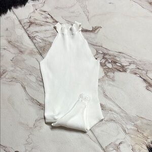 White Bodysuit Top with High-Neck Halter Design
